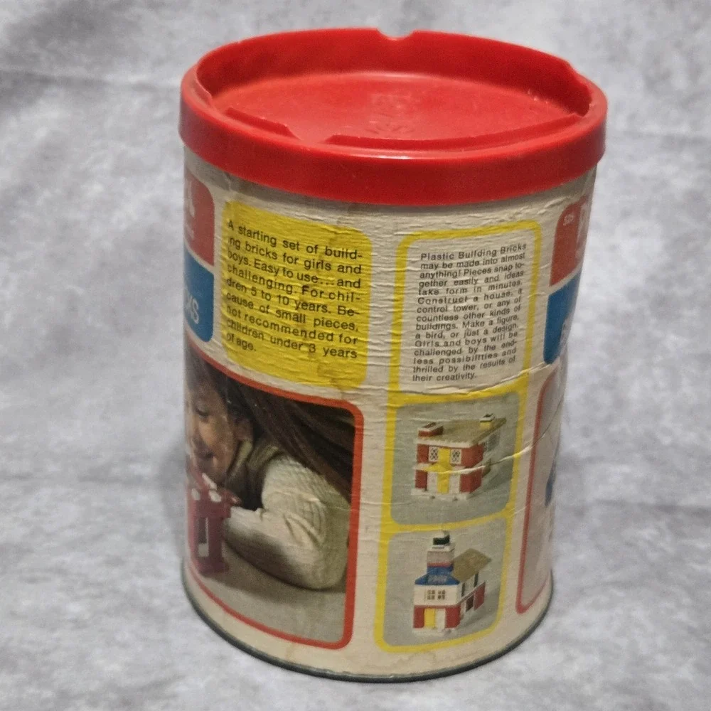 Playskool Milton Bradley #525 Plastic Building Blocks Bricks in Canister